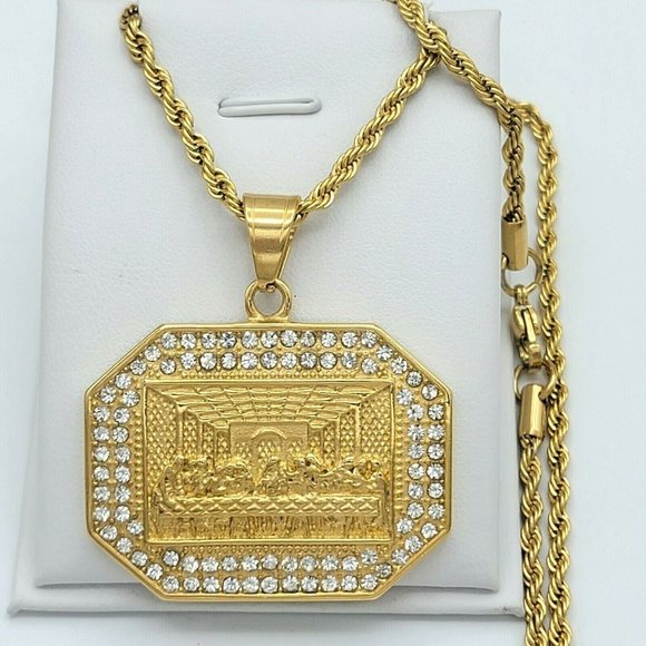 Mens Stainless Steel 24K Gold Plated Last Supper Pendant Necklace La Ultima Cena - Picture 1 of 5
